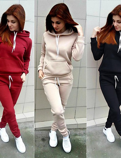 cheap Sportswear-Women&#039;s 2 Piece Tracksuit Sweatsuit Street Casual Long Sleeve Windproof Breathable Soft Fitness Running Jogging Sportswear Solid Colored Hoodie Track pants Black Red Pink Khaki Gray Activewear