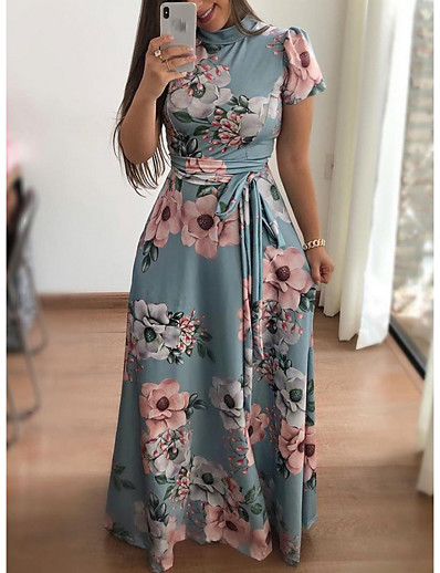 cheap Elegant Dresses-Women&#039;s A-Line Dress Maxi long Dress Short Sleeve Print Floral Print Hot Elegant vacation dresses Black Navy Blue Light Blue S M L XL XXL 3XL 4XL 5XL