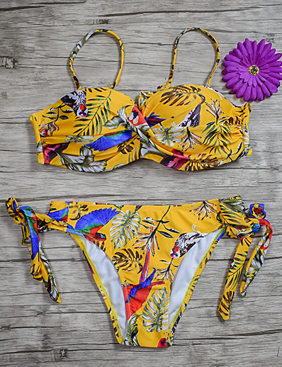 cheap Bikini Sets-Women&#039;s Bikini Swimsuit Lace up Print Geometric Floral Blue Purple Yellow Army Green Swimwear Underwire Bathing Suits
