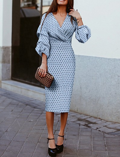 cheap Elegant Dresses-Women&#039;s A-Line Dress Midi Dress 3/4 Length Sleeve Polka Dot Spring &amp; Summer Hot 2021 Blue S M L XL