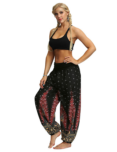 cheap Sportswear-Women&#039;s High Waist Yoga Pants Harem Smocked Waist Bloomers Quick Dry Breathable Bohemian Hippie Boho Black / Red Light Brown White Fitness Gym Workout Dance Sports Activewear Stretchy Loose