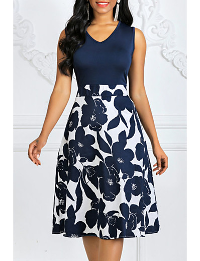 cheap Elegant Dresses-Women&#039;s A-Line Dress Sleeveless Polka Dot Print Floral Print Summer Plus Size 1950s Vintage Cotton Royal Blue Navy Blue Rainbow S M L XL XXL 3XL 4XL 5XL