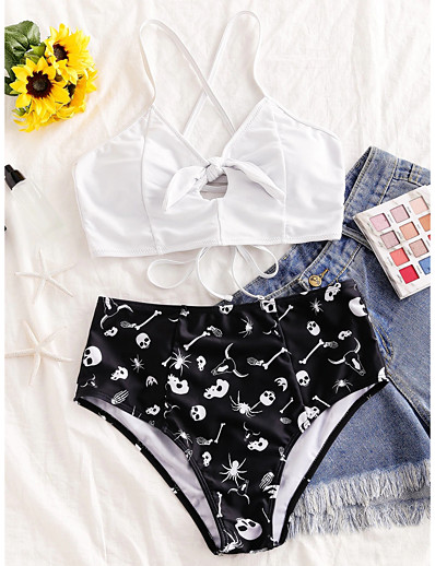 cheap Bikini Sets-Women&#039;s Bikini Swimsuit Lace up Print Geometric Floral White Swimwear Bandeau Bathing Suits