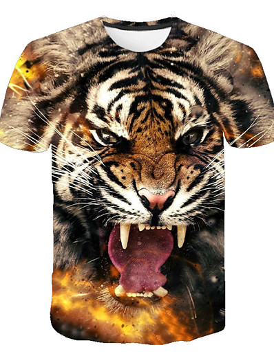 cheap Men&#039;s 3D-Men&#039;s Tee T shirt Tiger Monster 3D Print Round Neck Plus Size Party Daily Short Sleeve Print Tops Chic &amp; Modern Streetwear Comfortable Big and Tall Black Gold Red