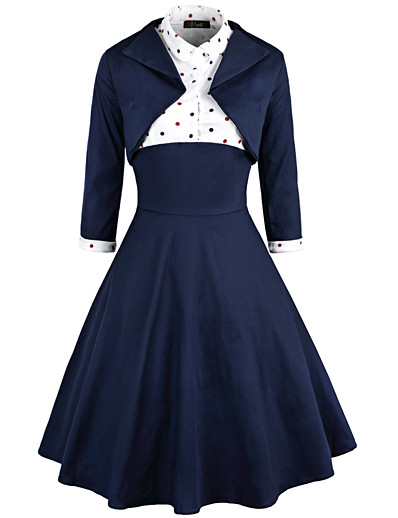 cheap Cosplay &amp; Costumes-Audrey Hepburn Dresses Retro Vintage 1950s Wasp-Waisted Vacation Dress Dress A-Line Dress Tea Dress Rockabilly Women&#039;s Cotton Costume Ink Blue Vintage Cosplay Long Sleeve Party Homecoming Daily Wear