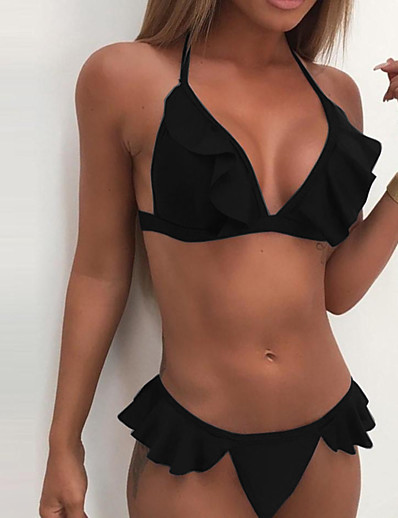 cheap Bikini Sets-Women&#039;s Tankini Swimsuit Halter Normal Halter Neck Swimwear Bathing Suits Black Blue / Bikini