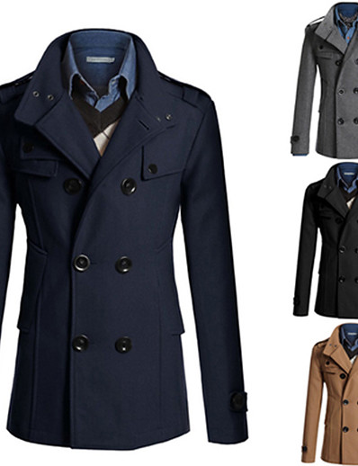 baratos Casacos de Homem-casaco masculino de inverno trench coat duplo trançado ervilha com gola entalhada sobretudo de negócios (preto, médio)