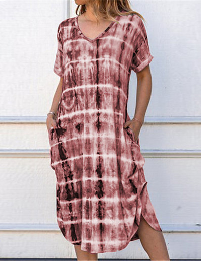 cheap DRESSES-Women&#039;s Shift Dress Midi Dress Short Sleeve Print Purple Wine Fuchsia Khaki Green Rainbow Gray Light Blue S M L XL XXL