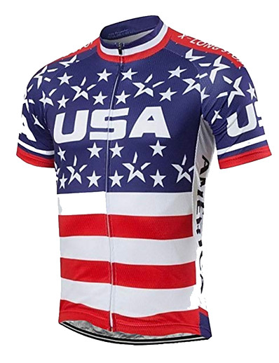 cheap Sportswear-21Grams Men&#039;s Short Sleeve Cycling Jersey Summer Spandex Polyester Blue+White American / USA Stars USA Bike Jersey Top Mountain Bike MTB Road Bike Cycling UV Resistant Quick Dry Breathable Sports