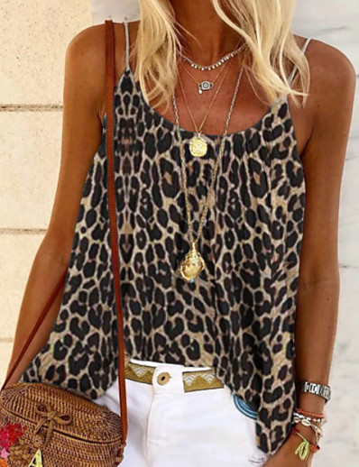 cheap Tank Tops-Women&#039;s Blouse Tank Top Leopard Cheetah Print Strap Boho Tops Blue Fuchsia Black