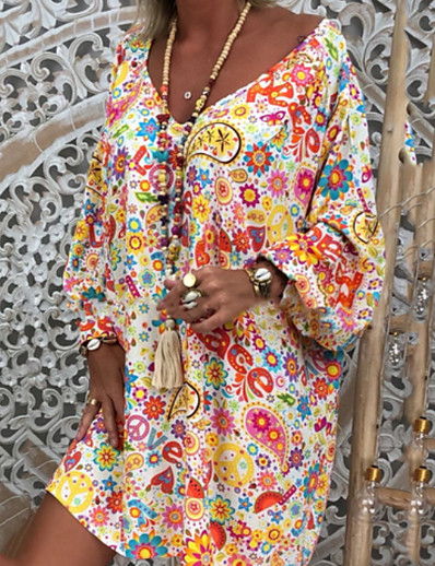 cheap DRESSES-Women&#039;s A-Line Dress Knee Length Dress Long Sleeve Floral Floral Hot Boho vacation dresses White Black S M L XL XXL 3XL