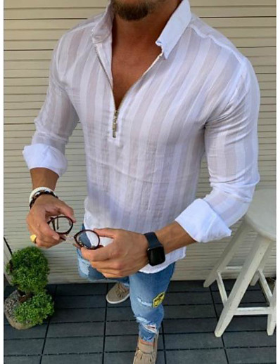 cheap Men-Men&#039;s Shirt Striped Collar Shirt Collar Office / Career Causal Long Sleeve Tops Simple Basic Casual Daily Comfortable White Black Red