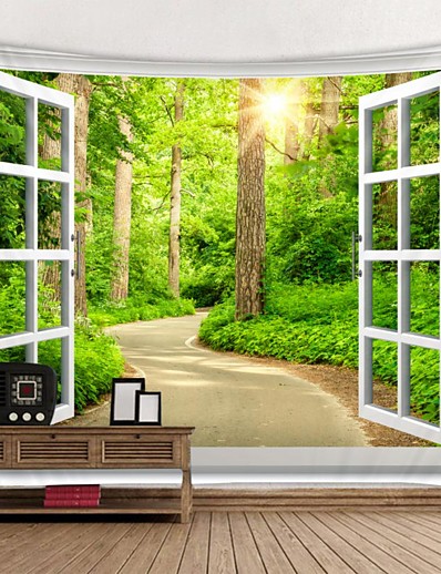 voordelige Huis &amp; Tuin-venster landschap wandtapijten art decor deken gordijn picknick tafelkleed opknoping thuis slaapkamer woonkamer slaapzaal decoratie polyester bos