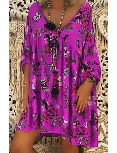 cheap DRESSES-Women&#039;s Shift Dress Short Mini Dress 3/4 Length Sleeve Butterfly Print Hot Black Blue Purple Red Green S M L XL XXL 3XL 4XL 5XL