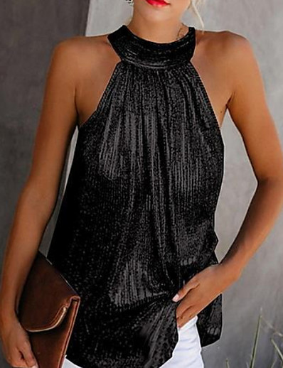 hesapli Askılı Üstler-Kadın&#039;s Büyük Bedenler Bluz Kısa Paltolar Gömlek Düz Seksi Boyundan Bağlamalı Büzgülü Şalter Temel Plaj Tarzı Üstler Siyah Gümüş Sarı