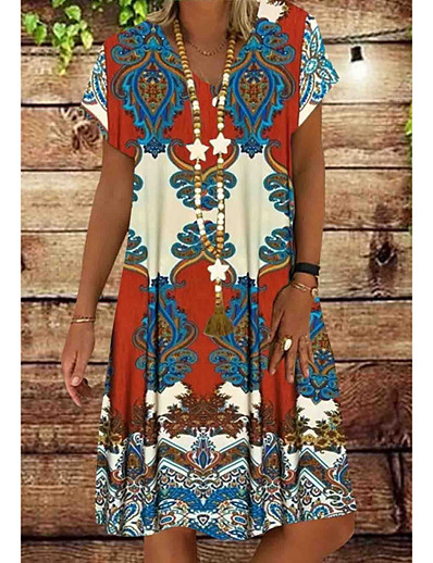 cheap DRESSES-Women's Shift Dress Midi Dress Short Sleeve Tribal Print Summer Plus Size Hot Boho Red Green S M L XL XXL 3XL 4XL 5XL
