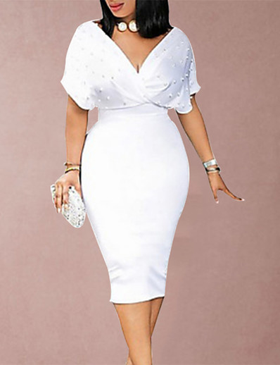 cheap Elegant Dresses-Women&#039;s Sheath Dress Knee Length Dress Short Sleeve Solid Colored Beaded Fall Winter Hot White Black Blushing Pink Wine S M L XL XXL 3XL