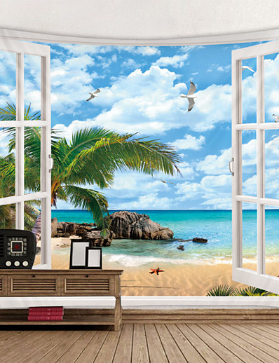 hesapli Temel Koleksiyon-pencere manzara duvar halısı sanat dekoru battaniye perde piknik masa örtüsü asılı ev yatak odası oturma odası yurt dekorasyonu polyester deniz okyanusu plaj palmiye