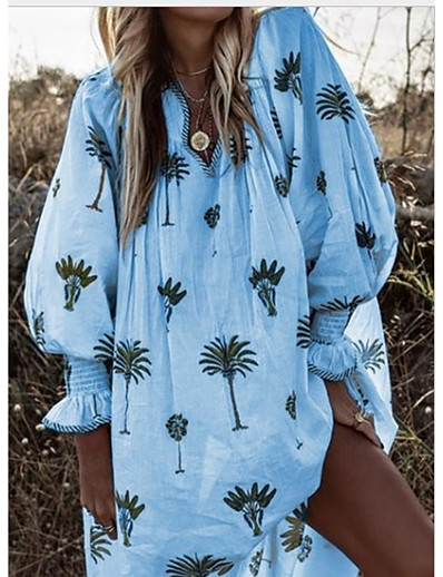 cheap DRESSES-Women&#039;s Shift Dress Knee Length Dress Long Sleeve Print White Yellow Blushing Pink Green Light Blue S M L XL XXL 3XL 4XL 5XL
