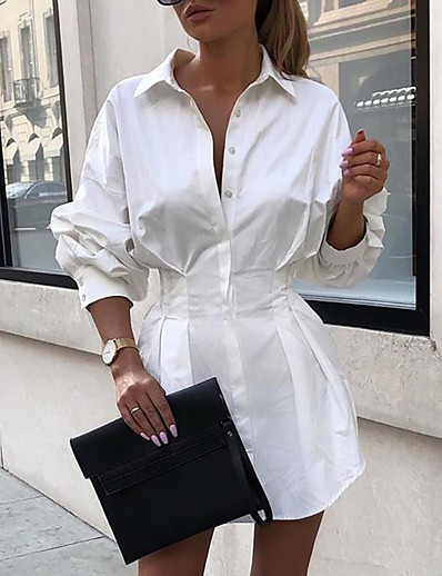 cheap DRESSES-Women&#039;s Shift Dress Short Mini Dress Long Sleeve Solid Color Summer Hot Streetwear 2021 White Black Fuchsia S M L XL