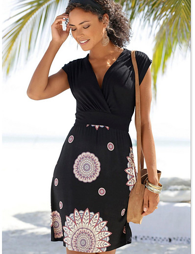 cheap DRESSES-Women&#039;s Sheath Dress Knee Length Dress - Short Sleeve Geometric Summer V Neck Work Hot 2020 Black S M L XL XXL