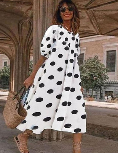 cheap DRESSES-Women&#039;s A-Line Dress Midi Dress Half Sleeve Polka Dot Summer Work Cap Sleeve 2021 White Black Navy Blue Light Blue S M L XL XXL