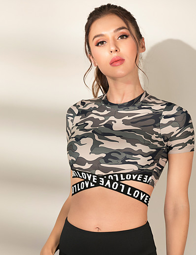 cheap Exercise, Fitness &amp; Yoga-Women&#039;s Crop Top Criss Cross Camo / Camouflage Camouflage Yoga Running Fitness Top Short Sleeve Sport Activewear Breathable Comfort Quick Dry Stretchy Slim