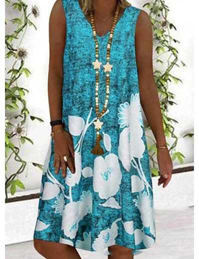 cheap Women-Women&#039;s A Line Dress Short Mini Dress Blue Gray Sleeveless Floral Print Summer V Neck Hot Casual Holiday Plus Size 2021 S M L XL XXL 3XL 4XL 5XL