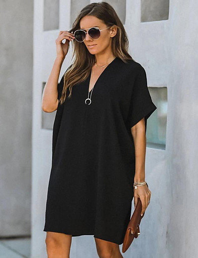 cheap DRESSES-Women&#039;s Shift Dress Knee Length Dress Short Sleeve Solid Color Patchwork Fall Summer Hot Streetwear Oversized 2021 Black Wine S M L XL XXL