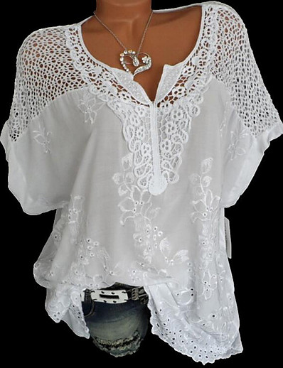 hesapli Bluzlar ve Gömlekler-Kadın&#039;s Büyük Bedenler Bluz Gömlek Uzun Kollu Çiçek Dantel Temel Klasik Üstler Salaş Dantelalar Pamuklu Havuz Gri Beyaz