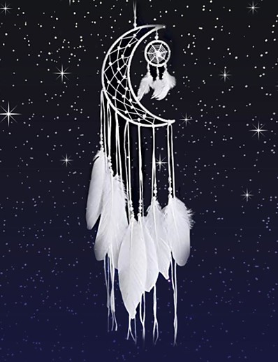 abordables Hogar y Jardín-Atrapasueños con forma de menisco regalo hecho a mano borla de plumas luna colgante de pared decoración arte blanco 75 * 20 cm