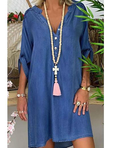 cheap DRESSES-Women&#039;s Denim Dress Knee Length Dress 3/4 Length Sleeve Solid Color Summer Work 2021 Blue S M L XL
