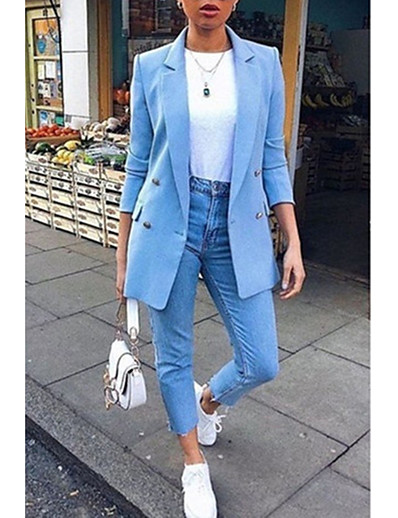 hesapli Ceketler-Kadın&#039;s Blazer Solid Klasik İş Uzun Kollu Ceket Sonbahar Bahar Günlük Normal Ceketler Havuz / Çentik Yaka