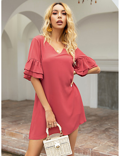 cheap Elegant Dresses-Women&#039;s A-Line Dress Short Mini Dress - Short Sleeves Solid Color Summer Casual 2020 Red XS S M L