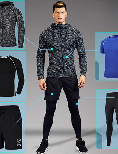 cheap Sportswear-Men&#039;s Athletic Activewear Set Workout Outfits Compression Suit 5pcs Long Sleeve Winter Reflective Breathable Quick Dry Spandex Fitness Gym Workout Running Jogging Sportswear Solid Color Black Grey