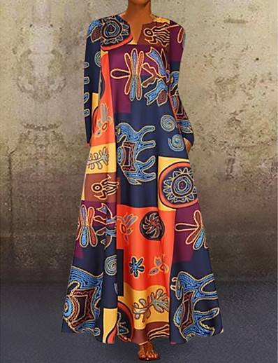 cheap DRESSES-Women&#039;s Shift Dress Maxi long Dress Long Sleeve Geometric Hot Elegant Red Yellow M L XL XXL 3XL