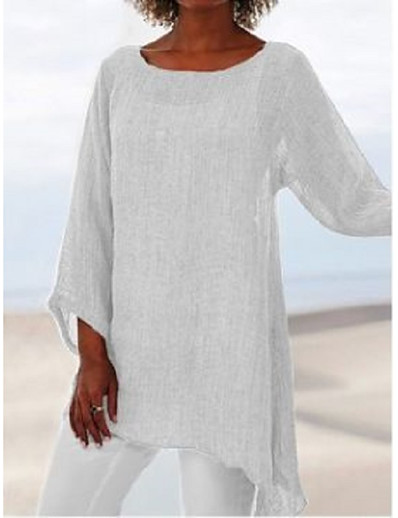 hesapli Bluzlar ve Gömlekler-Kadın&#039;s tünik Bluz Gömlek Solid Uzun Kollu Yuvarlak Yaka Üstler Beyaz Siyah Havuz