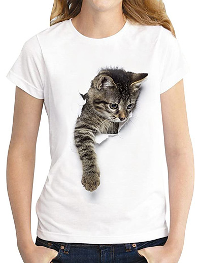 cheap Blouses &amp; Shirts-Women&#039;s T shirt Cat Graphic 3D Print Round Neck Basic Tops 100% Cotton Dark Brown Lace Cat White Cat