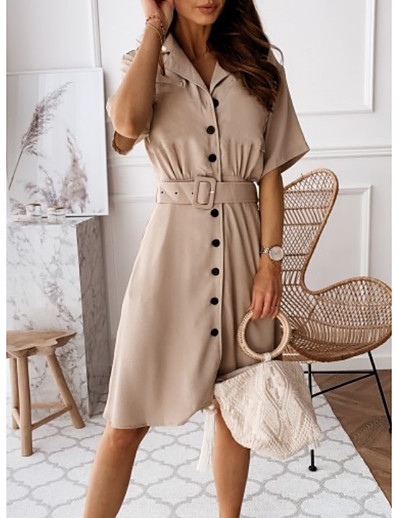 cheap DRESSES-Women&#039;s A-Line Dress Knee Length Dress Half Sleeve Solid Color Summer Work Hot 2021 Black Army Green Khaki Light Blue S M L XL XXL 3XL