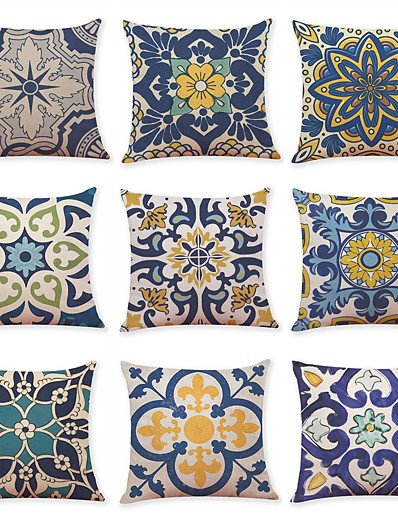 cheap Basic Collection-9 pcs Faux Linen Pillow Cover, Geometric Pattern Printing Simple Casual Square Traditional Classic Outdoor Cushion for Sofa Couch Bed Chair