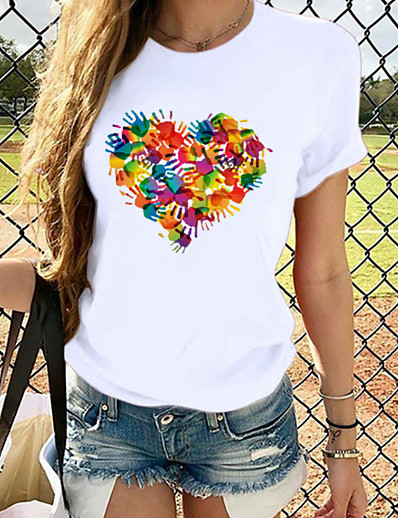 cheap Women-Women&#039;s T shirt Heart Graphic Prints Round Neck Tops Slim 100% Cotton Blue Blushing Pink Wine