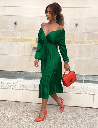cheap DRESSES-Women's A-Line Dress Knee Length Dress Long Sleeve Solid Color Ruched Summer Hot Sexy 2021 Green S M L XL