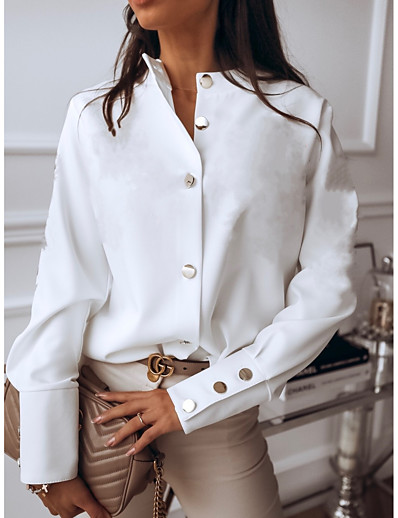 hesapli Bluzlar ve Gömlekler-Kadın&#039;s Bluz Gömlek Solid Uzun Kollu Buton Dik Yaka Temel Üstler Beyaz Siyah
