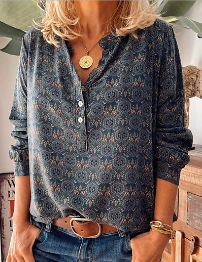 hesapli Bluzlar ve Gömlekler-Kadın&#039;s Boho Bluz Gömlek Çiçekli Geometrik Çiçek Uzun Kollu Buton Gömlek Yaka Bohem Tarzı Üstler Salaş Mor Şarap Tozlu mavi