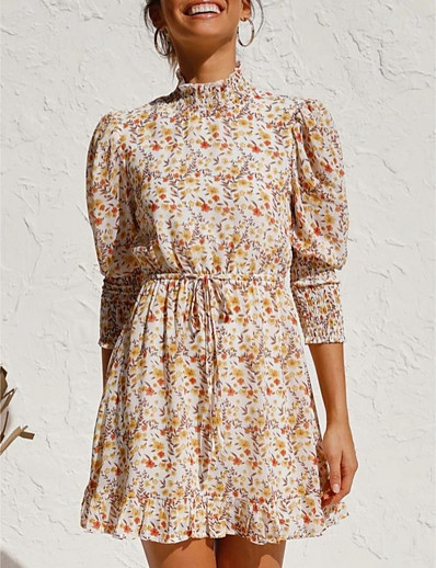 cheap DRESSES-Women&#039;s A-Line Dress Short Mini Dress 3/4 Length Sleeve Floral Print Summer Mumu 2021 Beige S M L XL