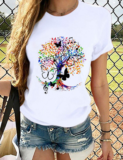 hesapli Tişörtler-Kadın&#039;s T gömlek Kelebek Grafik Baskılar Yuvarlak Yaka Üstler İnce %100 Pamuk Beyaz