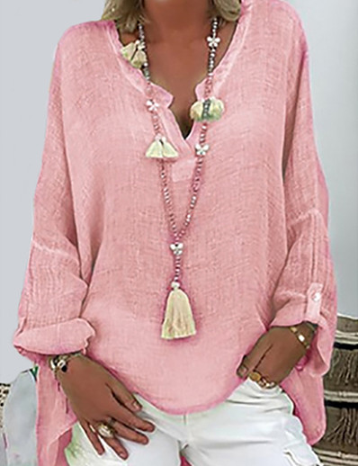 hesapli Bluzlar ve Gömlekler-Kadın&#039;s Bluz Gömlek Düz V Yaka Buton Temel Nostaljik Üstler Salaş Yonca Beyaz Siyah