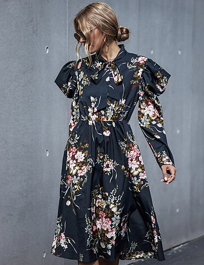 cheap Elegant Dresses-Women&#039;s A-Line Dress Knee Length Dress Long Sleeve Floral Print Fall Winter Hot Casual 2021 Black S M L XL