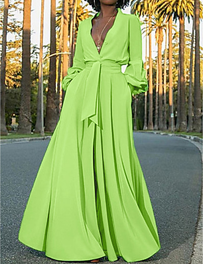 cheap Elegant Dresses-Women&#039;s A-Line Dress Maxi long Dress Long Sleeve Solid Colored Streetwear Green S M L XL XXL