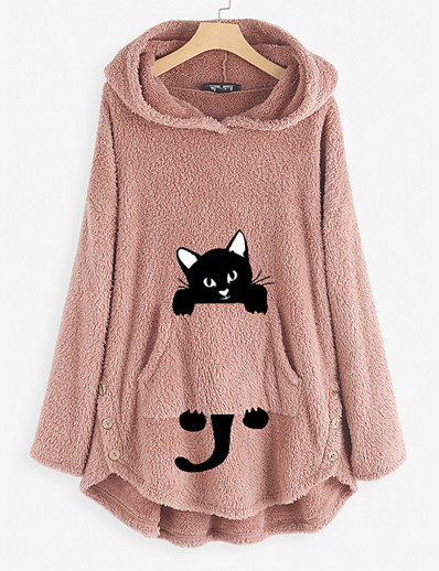 cheap Coats &amp; Trench Coats-Women&#039;s Cat Animal Hoodie Teddy Coat Front Pocket Daily Basic Cute Hoodies Sweatshirts  Wine Army Green Pink